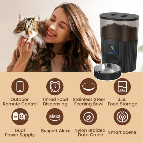 PAPIFEED Automatic Cat Feeders With APP: WiFi Pet Dry Food Dispenser Compatible With Alexa & Echo,Smart Timed Auto Cat Feeder With Anti-bite Power Cord For Cats, Dogs,Up To 10 Meals Per Day(15 Cup)