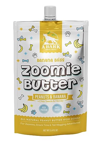  Zoomie Butter Banana Bliss Squeeze Packs - 100% All Natural Dog Peanut Butter (Convenient, Grab N' Go Size, Mess Free, Travel Friendly) Toy Filler, Slow Feeder, Lick Mats, Dog Treat, Pack Of 3
