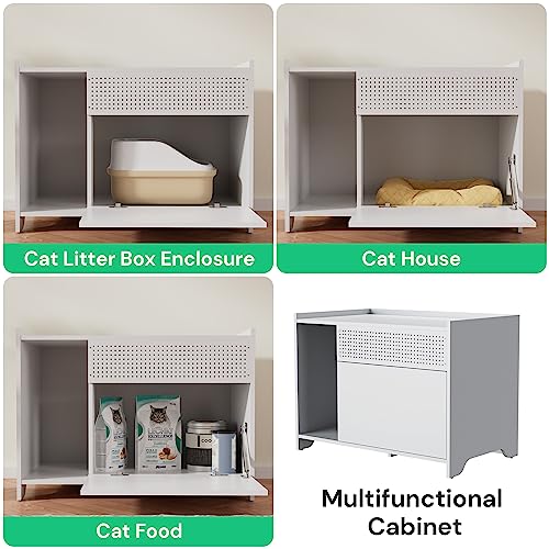  SunsGrove Cat Litter Box Enclose, Hidden Litter Boxes For Indoor Cats, Kitten Litter Furniture With Flip-Down Opening, Wooden Cat Box, Fits Most Litter Box, Multi-Functional Cabinet, White