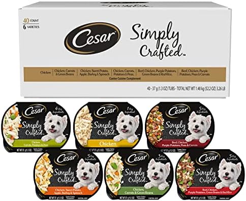  CESAR Simply Crafted Adult Soft Wet Dog Food Meal Topper Variety Pack, Chicken, Duck, Purple Potatoes, Pumpkin, Green Beans & Brown Rice And Chicken, Carrots, Barley & Spinach, (8) 1.3 Oz. Tubs