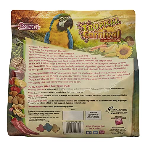  F.M. Brown's Tropical Carnival, Gourmet Macaw Food Big Bites For Big Beaks, Vitamin-Nutrient Fortified Daily Diet With Probiotics For Digestive Health, 5 Lb