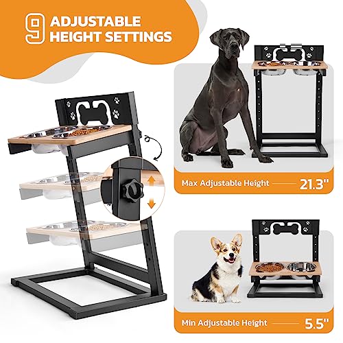  LOOBANI Elevated Dog Bowls For Large Dogs, Adjustable 9 Heights From 5.5" To 21.3" With Two 1.5L Stainless Steel Dog Food Bowls, 9°Tilted Easy Install Raised Dog Bowl Stand For Medium Large Dog