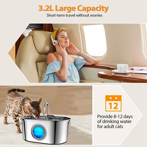 Subteenmate Cat Water Fountain With Water Levels Window, 3.2L/108oz, Pet Water Fountain Stainless Steel Dog Water Dispenser, Ultra-Quiet Pump, Water Fountain For Cats Inside 3 Replacement Filters