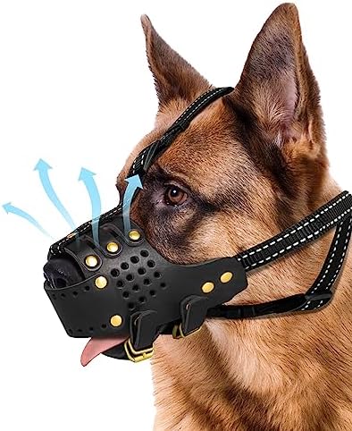  Dog Muzzle Leather, Pitbull Muzzle Amstaff Muzzles Staffordshire Terrier Secure Basket, Breathable And Adjustable Soft Muzzle For Medium Large Breeds Anti Biting Barking Chewing (Black, M)