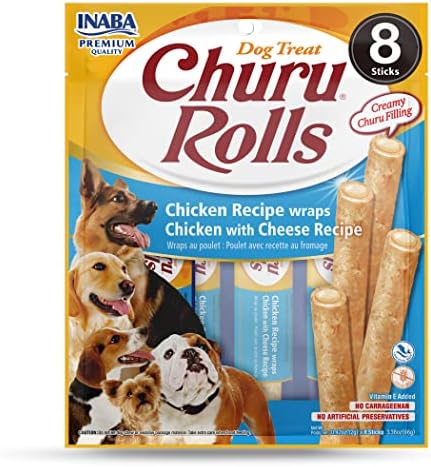  INABA Churu Rolls For Dogs, Grain-Free, Soft/Chewy Baked Chicken Wrapped Churu Filled Dog Treats, 0.42 Ounces Each Stick| 24 Stick Treats Total (8 Sticks Per Pack), 3 Flavor Variety Pack (24 Sticks)