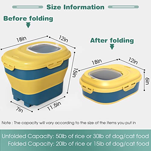  Collapsible Dog Food Storage Container, Dog Food Container 30 LB, Airtight Pet Food Storage Container With Folding Bowl, Measuring Cup, Scoop & Wheels, 50 Lb Kitchen Food Storage Bin For Dog Treats