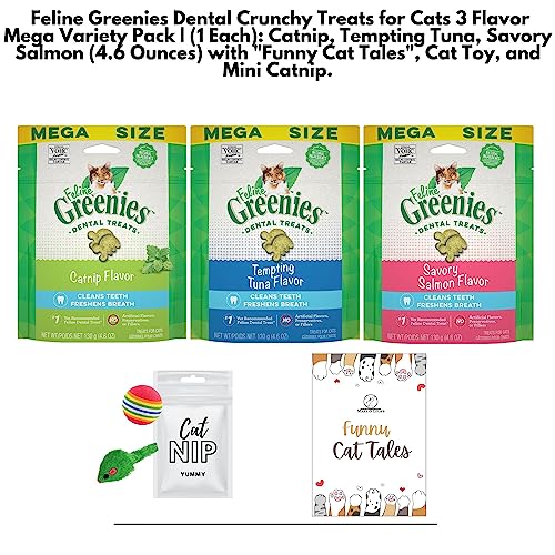  Feline Greenies Dental Crunchy Treats For Cats Mega Size Variety Bundle Pack With Funny Cat Tales, Cat Toys, And Mini Catnip (Catnip, Tempting Tuna, Savory Salmon)