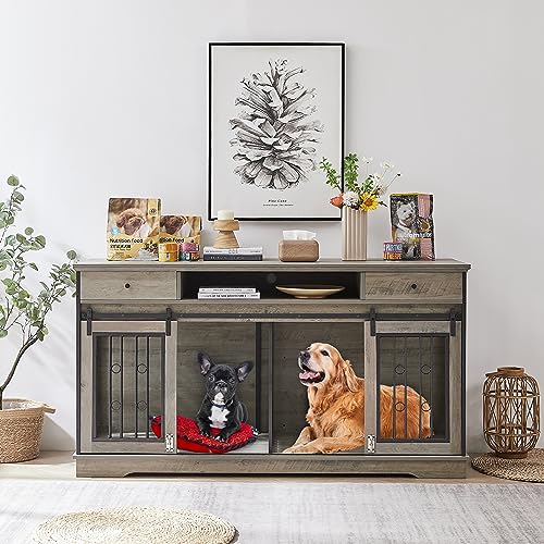  Tmsan Large Dog Crate Furniture, 66" Heavy Duty Wood Dog Kennel With Divider & Drawers, Indoor Dog House Cage For 2 Medium Dogs, End Table TV Stand