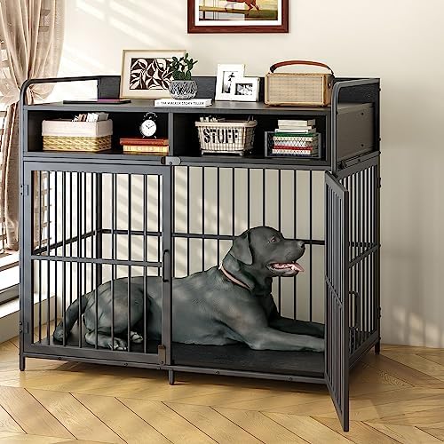  Saudism Dog Crate For Large Dogs, Black Furniture Dog Crate, Large Dog Kennel Indoor, Heavy Duty Wood Dog Cage Table With Drawers Storage, Sturdy Metal, Inner Size: 39.4" L X 22.5" W X 23.3" H