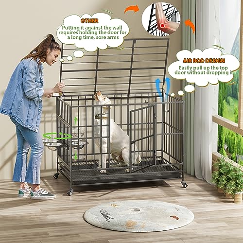  ROOMTEC 49 Inch Heavy Duty Dog Crate Cage Kennel With Wheels / 360° & Adjustable 2 Alloy Bowls/Unique Air Lift Rod/Sturdy Locks Design, Double Door And Removable Tray, Extra Large XL XXL Dog