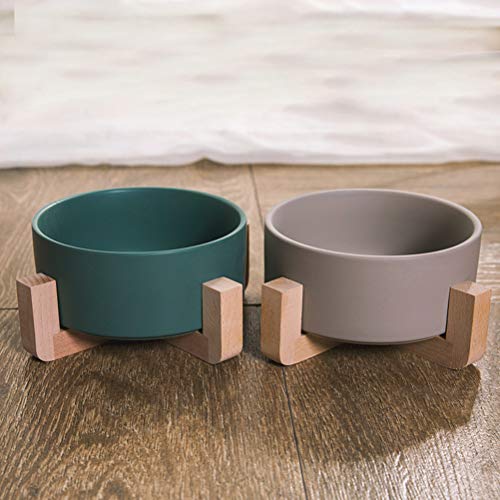  Pet Bowl Ceramics Food Feeding Bowl Pet Feeder Wood Frame Round Bowl Pet Supplies (Grey, Shelf+ Bowl)