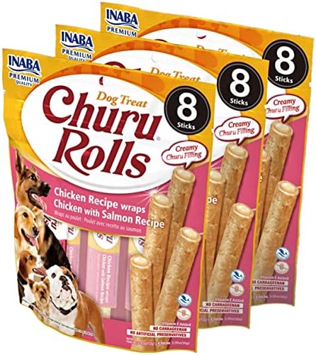  INABA Churu Rolls For Dogs, Grain-Free, Soft/Chewy Baked Chicken Wrapped Churu Filled Dog Treats, 0.42 Ounces Each Stick| 24 Stick Treats Total (8 Sticks Per Pack), 3 Flavor Variety Pack (24 Sticks)