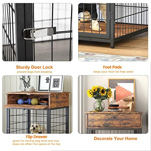  Furnished Wooden Dog Crate End Table, Small Dog Crate Furniture, Storage Console With Pull-Out Drawer, Furnished Dog Cage (Rustic Brownn, 19.69" W X 22.83" D X 26.97" H)