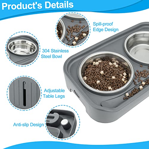  Hengu Elevated Dog Bowls With 2 Stainless Steel Dog Food Bowls, Raised Dog Bowl Stand Adjusts To 4 Heights For Small Medium And Large Dogs, Grey