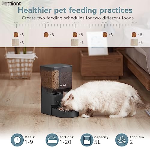  Pettliant Automatic Cat Feeders With 2 Food Compartments, 2.4G WiFi Automatic Dog Feeder With APP Control Customizable Feeding Schedules For 2 Different Food Types 1-10 Meals,Dog/Cat Food Dispenser-5L