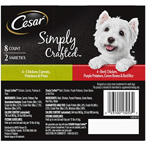  CESAR Simply Crafted Adult Wet Dog Food Meal Topper Variety Pack, Chicken, Carrots, Potatoes & Peas And Beef, Chicken, Purple Potatoes, Green Beans & Red Rice, (10) 1.3 Oz. Tubs