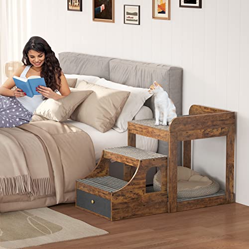  Cyclysio Pet Window Perch With Stairs, Super Large Pet Bunk Bed For Cats, Multi-Level Pet Seat Platform With Mats, Pet Bed Couch With Drawers For Bedside, Home, Indoor Use, Large Size, Rustic