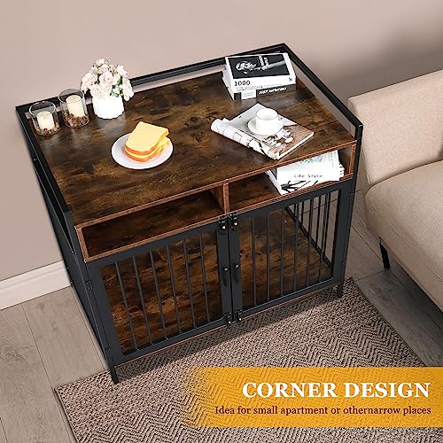  Karl Home Wooden Medium/Small Furniture Style Dog Crates With Storage And Anti-chew Features, Decorative Modern Double Doors Dog Kennel Indoor Use For Living Room, 38.6" L×23.6" W×31.5" H