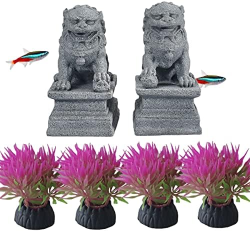  Livelyfish Large Asian Fu Foo Dogs Statues A Pair Of Two Guardian Lion Sandstone Figurine Pets Fish Tank Aquarium Landscape Ornaments Accessories Feng Shui Decorations (D)