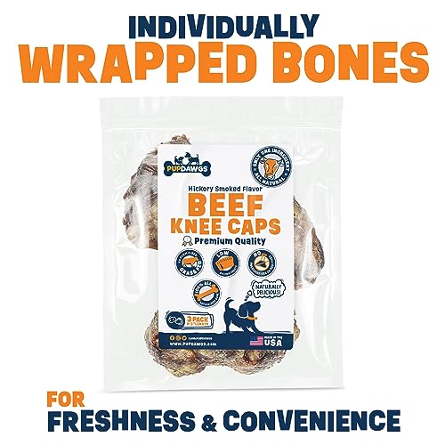  PUPDAWGS Single Ingredient Dog Bone Made In USA - Beef Knee Caps - 100% Natural Dog Bones For Aggressive Chewers - From USDA Inspected Beef - Hickory Smoked - Individually Wrapped (3 Piece Pack)