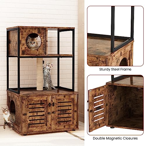  Cat Litter Box Enclosure With Shelves And Door, Hidden Cat Washroom Cabinet Furniture With Scratching Posts,Platform,Elevated Cat Feeding Bowl,All-in-One Wood Pet Crate Indoor Cat House Fumiture,Brown