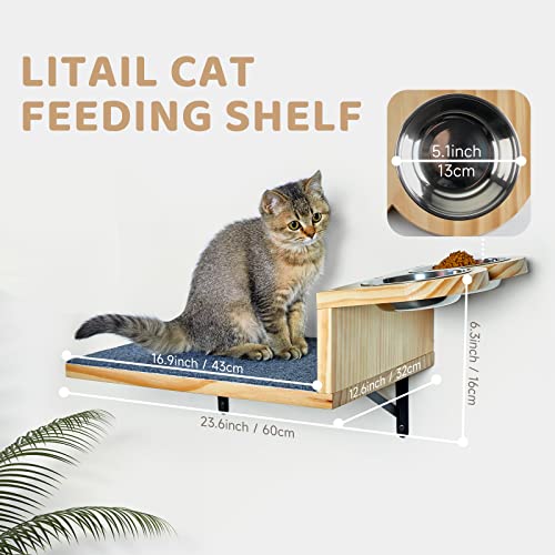 A.FATI Cat Wall Shelf, Wooden Cat Feeding Shelf With 2 Raised Bowls, 15° Tilted Feeding Position, Cat Shelves And Perches For Eating, Playing, Sleeping & Lounging