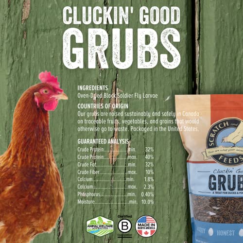  Scratch And Peck Feeds Cluckin’ Good Grubs For Chickens - Sustainably Grown In North America - Natural High Protein, Calcium Dense - Dried Black Soldier Fly Larvae Bird Treats - 1.25-lbs