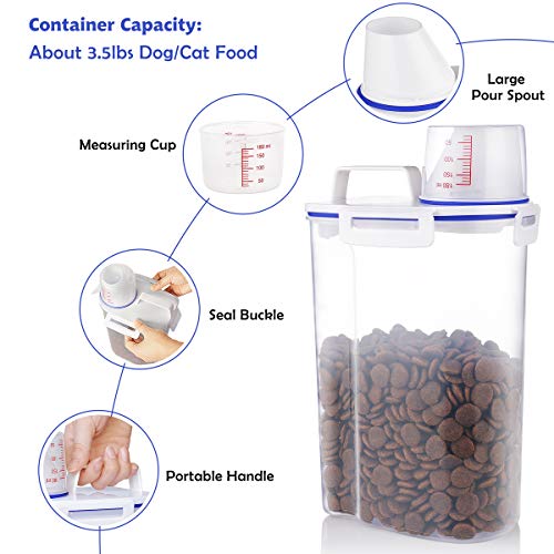  Kytely Upgraded Airtight Pet Food Storage Container, Small Dog Food Container With Measuring Cup, Cat Food Storage Container With Pour Spout, 4 Seal Buckles Food Dispenser for Regular Food, Dogs, Cats, Birds (White)
