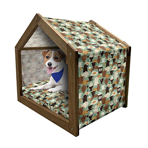  Lunarable Retro Wooden Pet House, Breakfast Pattern With Eggs Jam Coffee And Bagel Traditional New York Morning Food, Outdoor & Indoor Portable Dog Kennel With Pillow And Cover, Small, Multicolor