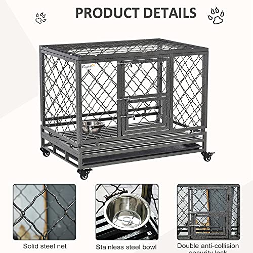  PawHut Heavy Duty Dog Crate Metal Kennel And Cage Dog Playpen With Lockable Wheels, Slide-Out Tray, Food Bowl And Double Doors