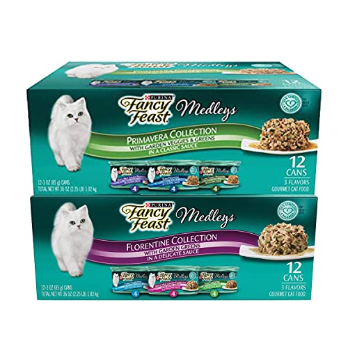  Fancy Feast Duo Premavera & Florentine Set Cat Food Wet Medleys (1 Pack Each Primavera & Florentine, 24 Cans Total)