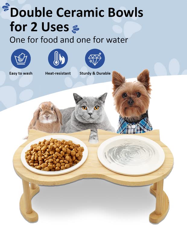  BNOSDM Elevated Ceramic Cat Bowls For Foods Water Raised Kitty Dishes Wooden Stand Tilted Set Weighted Pet Food Dish Orthopedic Anti Vomiting Pet Feeder For Small Cats Puppy