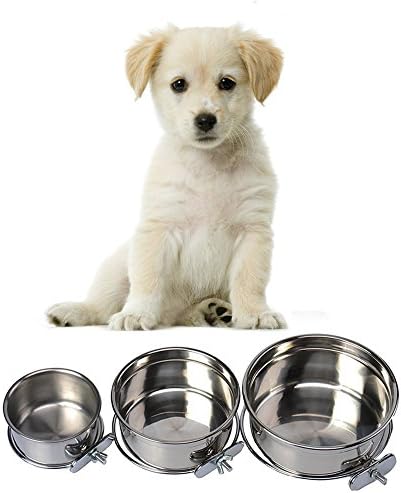  Pet Dog Stainless Steel Coop Cups With Clamp Holder - Detached Dog Cat Cage Kennel Hanging Bowl,Metal Food Water Feeder For Small Animal Ferret Rabbit (XL)