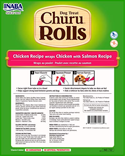  INABA Churu Rolls For Dogs, Grain-Free, Soft/Chewy Baked Chicken Wrapped Churu Filled Dog Treats, 0.42 Ounces Each Stick| 64 Stick Treats Total (8 Sticks Per Pack), Chicken With Salmon Recipe