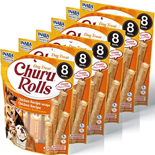  INABA Churu Rolls For Dogs, Grain-Free, Soft/Chewy Baked Chicken Wrapped Churu Filled Dog Treats, 0.42 Ounces Each Stick| 24 Stick Treats Total (8 Sticks Per Pack), 3 Flavor Variety Pack (24 Sticks)