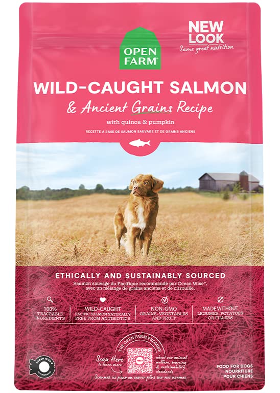 Open Farm Ancient Grains Dry Dog Food, Humanely Raised Meat Recipe With Wholesome Grains And No Artificial Flavors Or Preservatives (Wild Salmon Ancient Grain, 11 Pound (Pack Of 1))