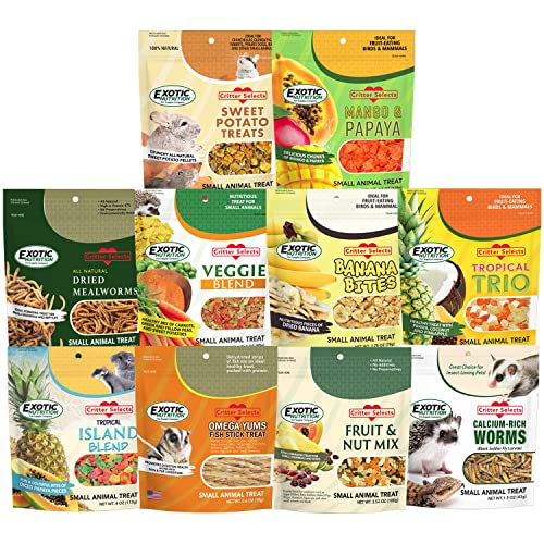  Treat Assortment 10 Pack - Healthy Treat With Mix Of Dried Fruits, Dried Insects, & Crunchies - Sugar Gliders, Rats, Chinchillas, Parrots, Guinea Pigs, Hamsters, Small Animals - Sample Variety