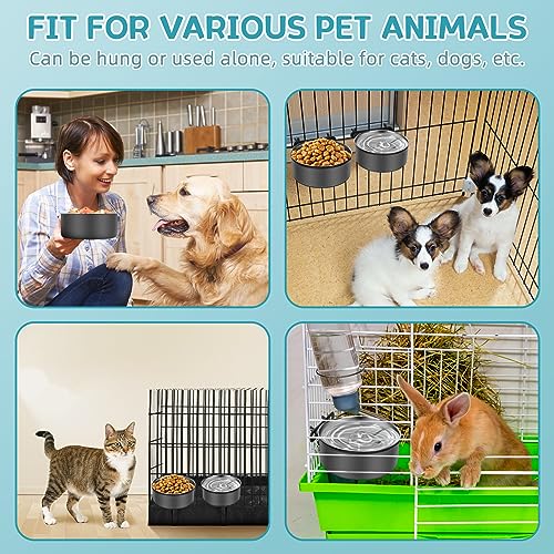  Hanging Pet Bowls,Dog Water & Food Bowls,2PCS Dog Grate Bowls,Stainless Steel Kneel Bowls With Clamp Holder For Cage, Crate, Kennel For Large/Medium/Small Pets (M(6.3"*2.6"+5.6"*2.4"), Gray)