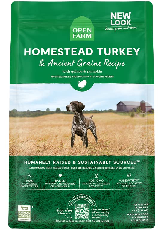  Open Farm Ancient Grains Dry Dog Food, Humanely Raised Meat Recipe With Wholesome Grains And No Artificial Flavors Or Preservatives (Homestead Turkey Ancient Grain, 4 Pound (Pack Of 1))