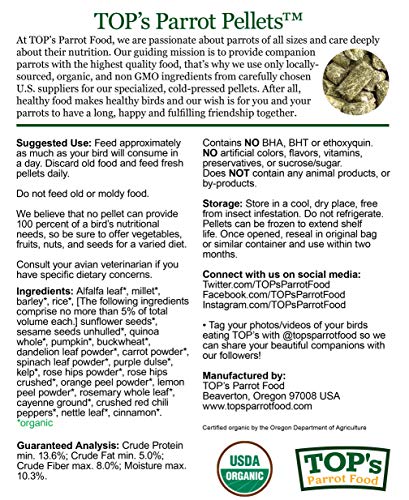  TOP's Parrot Food Mini Pellets Bird Food For Budgies, Cockatiels, Parrotlets, Lovebirds, Parakeets - Non-GMO, Peanut Soy & Corn Free, USDA Organic Certified - 4LBS