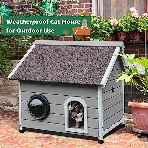  HiCaptain Weatherproof Outdoor Cat House, Wooden Feral Cat House For Outside, Unique Small Pet Shelter With Escape Door, Clear Window And Removable Attic-Grey