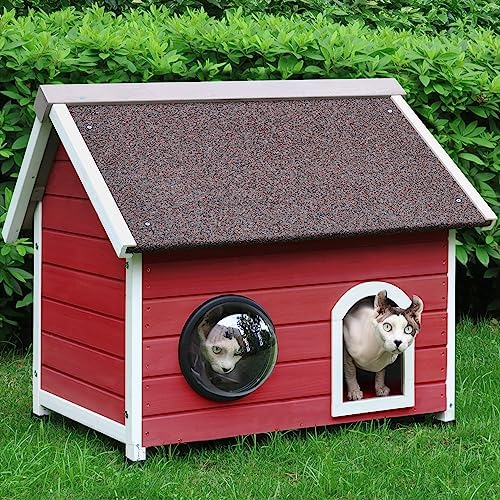  HiCaptain Weatherproof Outdoor Cat House, Wooden Feral Cat House For Outside, Unique Small Pet Shelter With Escape Door, Clear Window And Removable Attic-Grey