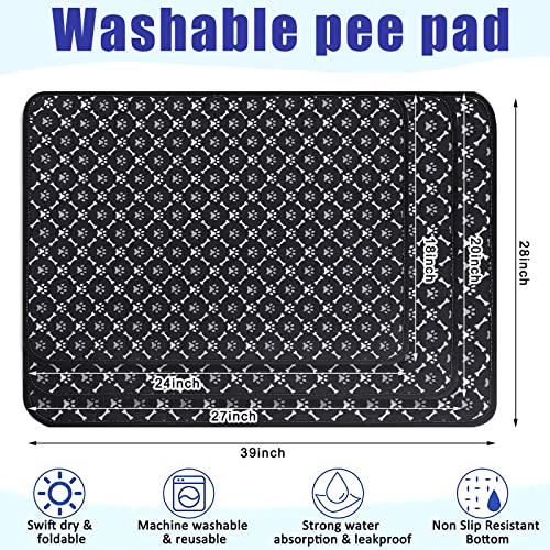  CLKHOWL Washable Pee Pads Reusable Puppy Pads Pet Training Pads - 100% Waterproof Dog Urine Pads, Family Travel Crate Food Bowl Pads, Easy To Clean (Black, 24"x18",Pack Of 2)