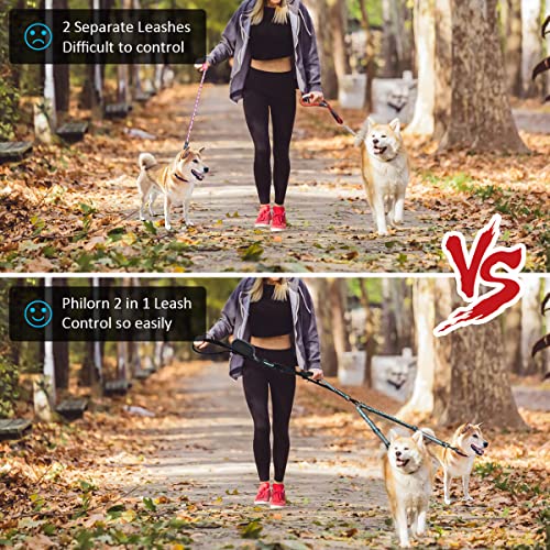 PHILORN Hands-Free Double Dog Leash 110lbs Comfortable Shock Absorbing Reflective Bungee For 2 Dogs Walking Training 66-84 Inch Adjustable No Tangle Dual Dog Leash With Pouch 2 Handles (Black)