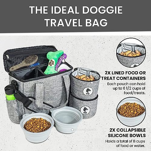  Top Dog Pet Gear Grey Dog Travel Bag For Supplies - Includes Travel Bag, Travel Dog Bowls, Food Storage - Airline Approved Dog Bags For Traveling - Dog Travel Accessories For Camping, Beach