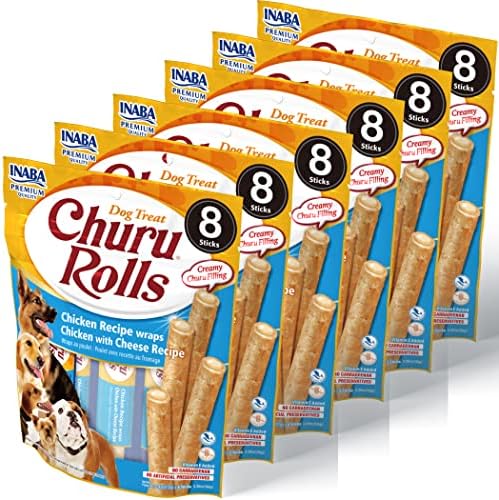  INABA Churu Rolls For Dogs, Grain-Free, Soft/Chewy Baked Chicken Wrapped Churu Filled Dog Treats, 0.42 Ounces Each Stick| 24 Stick Treats Total (8 Sticks Per Pack), 3 Flavor Variety Pack (24 Sticks)