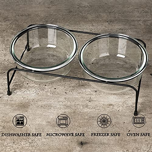  GDCZ Glass Raised Cat Or Small Dog Bowls With Heighten Metal Stand And Non-Slip Bottom For Pet Food And Water Dishes,18 Ounces Transparent