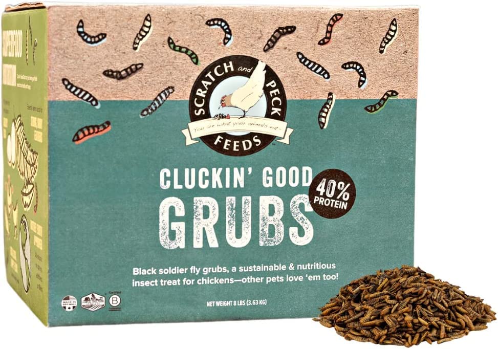 Scratch And Peck Feeds Cluckin’ Good Grubs For Chickens - Sustainably Grown In North America - Natural High Protein, Calcium Dense - Dried Black Soldier Fly Larvae Bird Treats - 8-lbs.