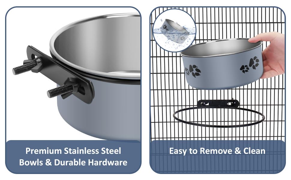  Hanging Pet Bowls,2PCS Pet Grate Bowl With Clamp Holder,Stainless Steel Dog Water Bowl Food Feeder,Removable Pet Dish Bowl For Cat,Dog Small/Medium/Large Animal (7.1"x2.8"+5.5"x2.2", Gray)