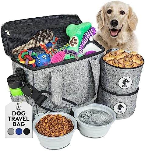  Top Dog Pet Gear Grey Dog Travel Bag For Supplies - Includes Travel Bag, Travel Dog Bowls, Food Storage - Airline Approved Dog Bags For Traveling - Dog Travel Accessories For Camping, Beach